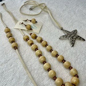 Wood Beaded handcrafted jewelry, 1 bracelet 2 necklaces and 1 pair earrings